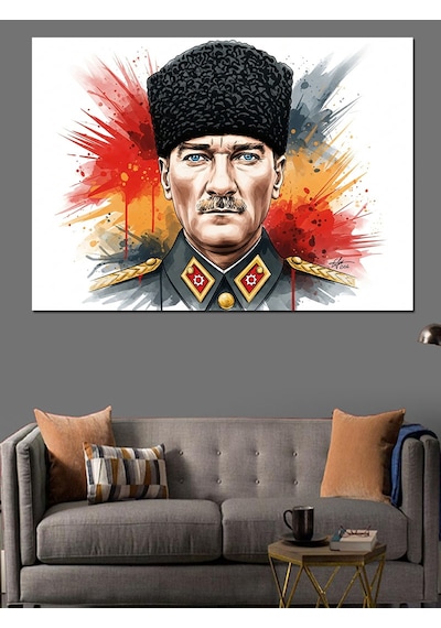 Kalpak Başlıklı Mustafa Kemal Atatürk Sulu Boya Portre Dekoratif Kanvas - Mdf Ahşap Tablo