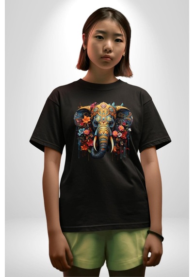 Bereket Fil Hintli Tasarım Pamuklu Bisiklet Yaka Unisex Oversize Boyfriend Dijital Baskılı Siyah T-shirt Siyah