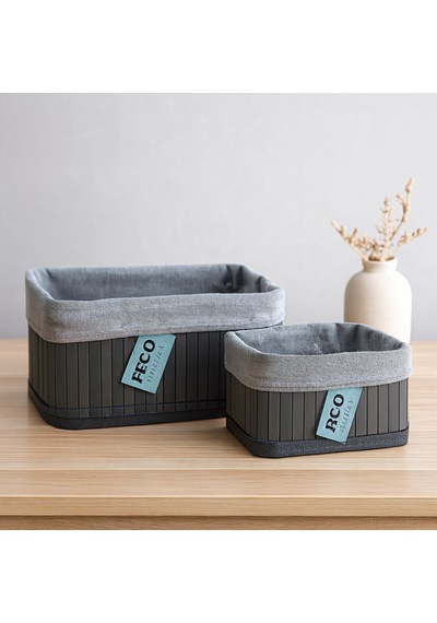 Kare Organizer Sepet - Bambu Kenarlı, Ahşap Taban, Bezli - 18x21 Cm Çok Renkli