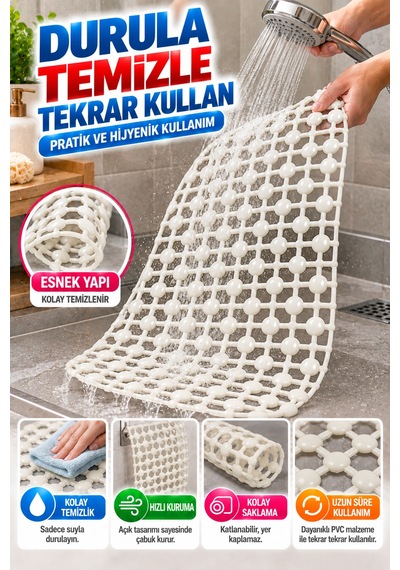 Crystal Kaymaz Vantuzlu Banyo Paspası Beyaz 68x35 Cm Islak Zemin Kaydırmaz Küvet Duşakabin Pvc Matı