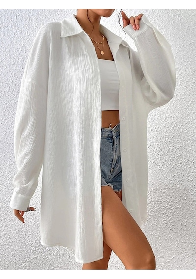 Kadın Oversize Uzun Gömlek - Beyaz Düz Uzun Gömlek Beyaz