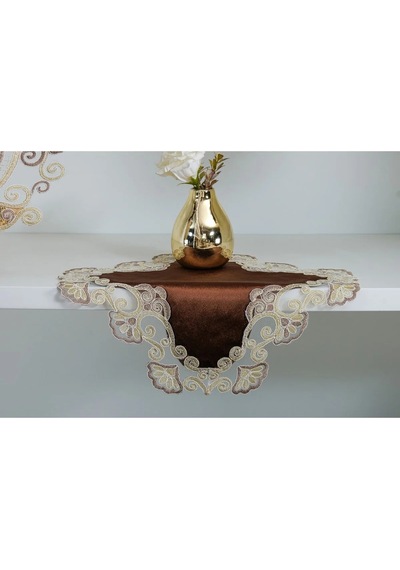 Aydan Aplikeli Güpürlü Kadife Kahverengi Salon Takımı 5 Parça 50 X 140 Cm 1451 Kahve