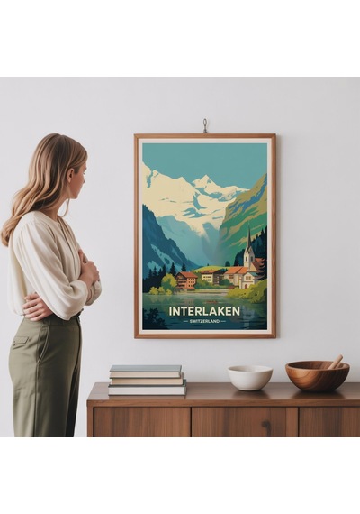 Interlaken İsviçre Seyahat Posteri Vintage Alp Duvar Sanatı