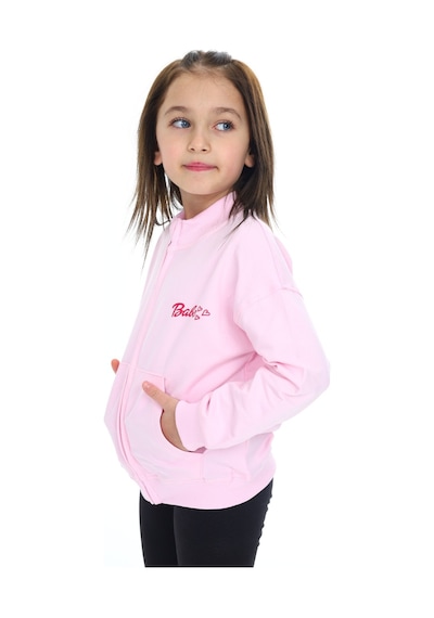 Toontoy Kız Çocuk Lila Dik Yaka Fermuarlı Düşük Omuz Cepli Nakış Baskılı Örme Hırka - 2 İplik Şardonlu Pembe
