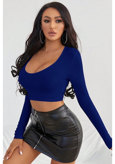 Angbutik Kadın Mavi Uzun Kol Kare Yaka Crop Top Bluz