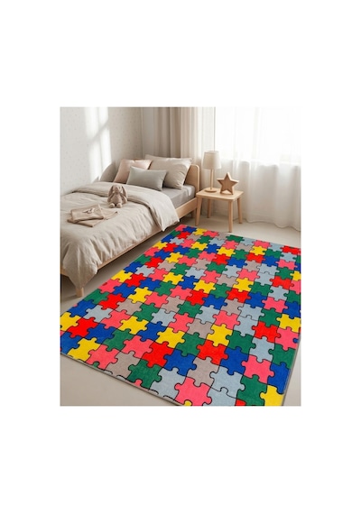 Renkli Puzzle Desenli Çocuk Odası Halısı Kaymaz Taban Eğlenceli Oyun Halısı Çok Renkli