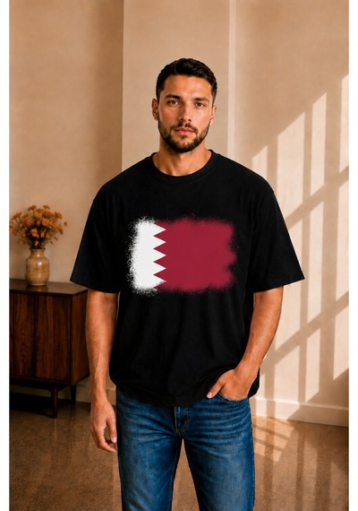 Sngl Tekstil Erkek Oversize Katar Bayrak Baskılı Kısa Kollu Tişört S M L Xl 2xl Siyah
