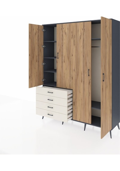 Hyperion Gardrop 6 Raflı 4 Çekmeceli Tek Askılı 176x44x221 Antrasit-çam/aytaşı Çam/aytaşı