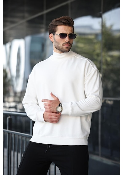 Madmext Ekru Yarım Balıkçı Yaka Erkek Basic Sweatshirt E7158 Ekru