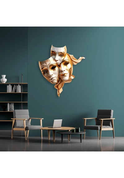 Altın Tiyatro Maskeleri - Metal Tablo - Dec0097 58 X 65 Cm Çok Renkli