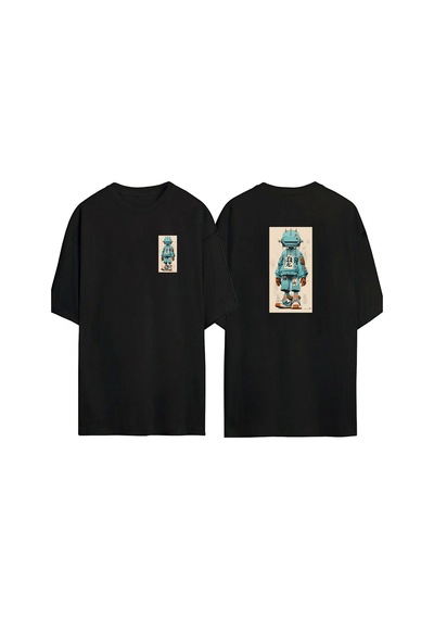 Thewert Unisex 900 Drawing Robot Ön Arka Baskılı Sıyah Oversize T-shirt Siyah