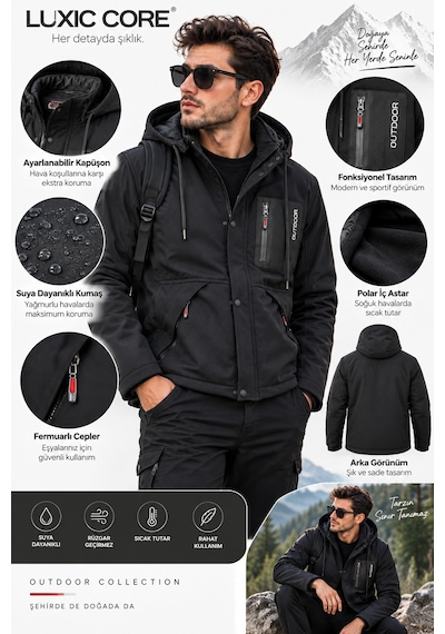 Luxic Core Luxıc Core Erkek Kürklü Kapüşonlu Softshell Kışlık Mont Siyah M