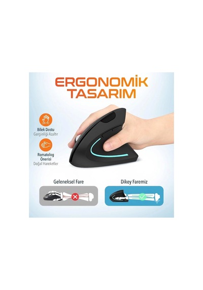 2.4g Dikey Ergonomik Kablosuz Optik Mouse - 800/1200/1600 Dpı - Siyah