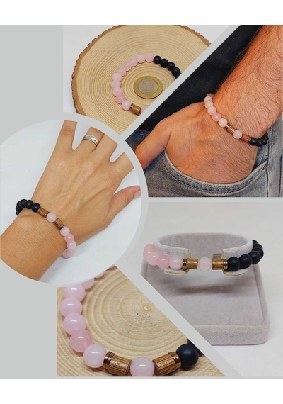 Pembe Kuvars & Oniks Taşı 8mm Unisex Tasarım Bileklik Hawaii Mode Çok Renkli