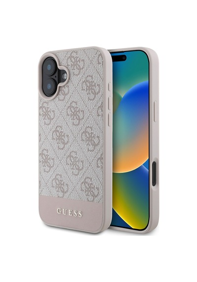 Apple Uyumlu iPhone 16 Kılıf Guess Lisanslı Pu Deri Şerit Logo Dizaynlı Kapak Pembe