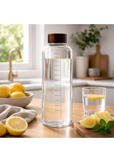 1000 Ml Akasya Kapaklı Cam Matara Ölçekli Su Şişesi Sızdırmaz Kapaklı Şeffaf Cam Suluk