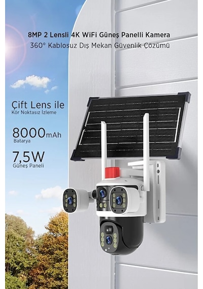 Güneş Enerjili Wifi Güvenlik Kamerası 2k 2560 1440p, 8000mah, Gece Görüş + Hareket Algılama