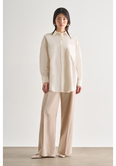 Mizalle Premium Saf Pamuk Ekru Oversize Gömlek Ekru