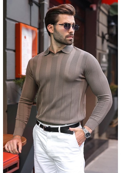 Madmext Açık Kahverengi Regular Fit Polo Yaka Triko Erkek Kazak E7509