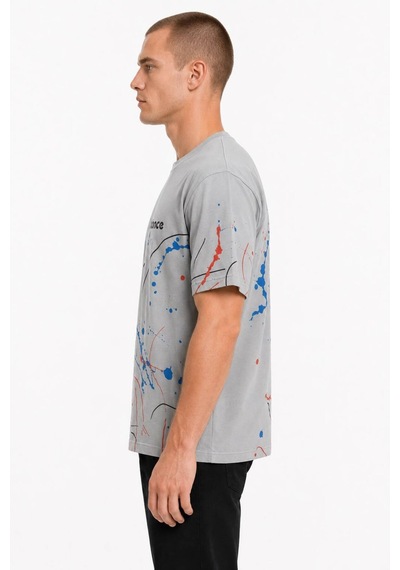 Erkek Baskılı Sıfır Yaka Regular Fit %100 Pamuk Unisex Tişört Gri