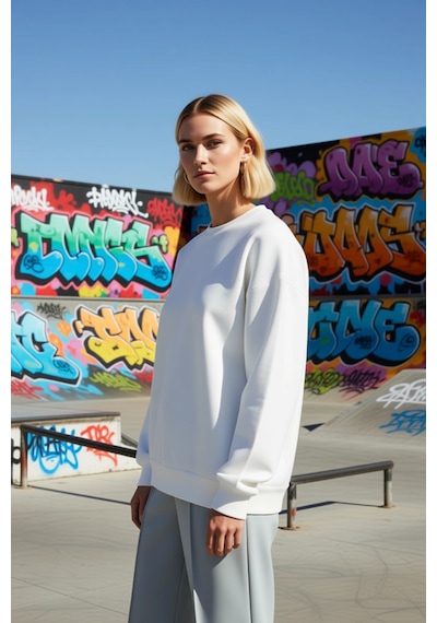 Benerly Kadın Bisiklet Yaka Düşük Kol Oversize Kalın Örme Sweatshirt Fonk Ekru