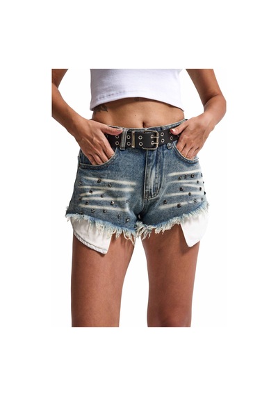 Kadın Kot Rengi Droplu Kemerli Özel Tasarım Denim Şort Çok Renkli
