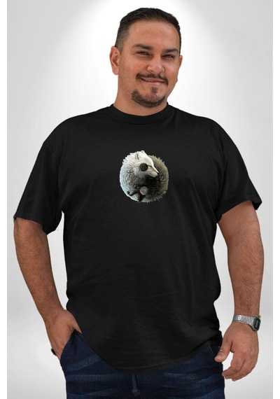 Angemiel Yin İle Yang Beyaz Siyah Kurt Siyah Büyük Beden Erkek Kadın Unisex Basic Ön Baskılı Tişört Siyah