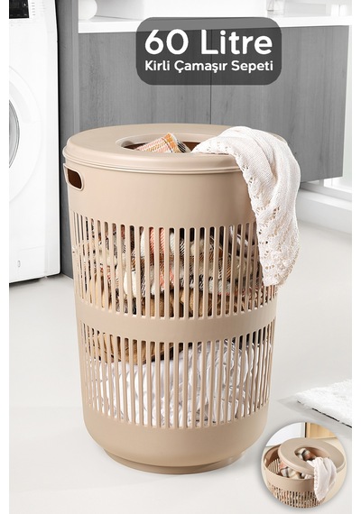 60 Litre Solara Yuvarlak Kirli Sepeti - Kapak Detaylı Banyo Düzenleyici Sepet Çamaşır Sepeti Bej Bej