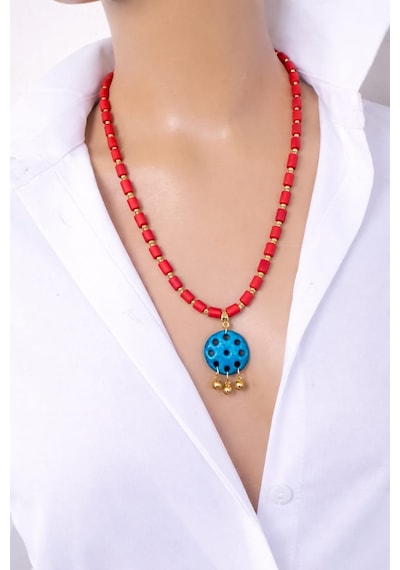 Luna Mat Kırmızı Cam Boncuk Süryani Taşlı İkili Kolye Seti Choker Uzun Kolye Kutulu Kırmızı