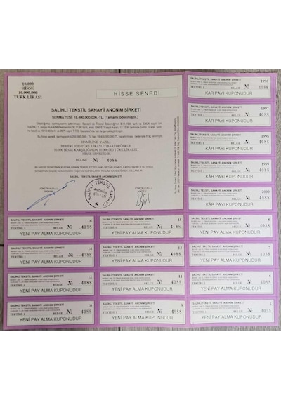 Salihli Tekstil Hisse Senedi 10 Milyon Lira 1991-2000.