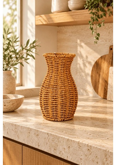 Atbyhome Doğal Hasır Rattan Çiçek Vazosu 26 Cm - Masa Üstü Dekoratif El Örgüsü Kuru Çiçeklik Ve Saksı Kahverengi