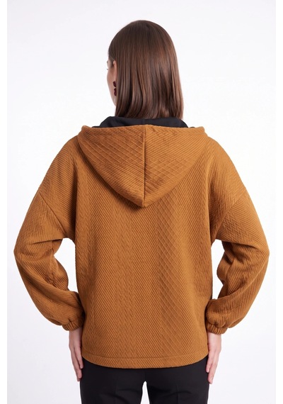 CEMO Çift Cepli Fermuarlı Kapüşonlu Desenli Sweatshirt Ceket Taba
