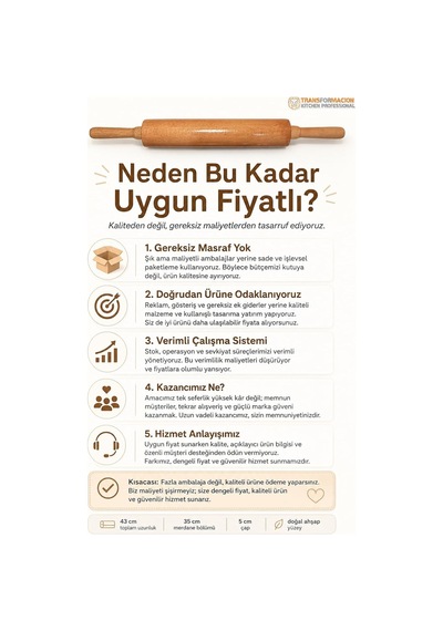 Transformacion Professional Dönerli Ahşap Merdane 43 Cm, Ergonomik Şef Tipi Hamur Açma, Profesyonel Pizza, Börek Ve