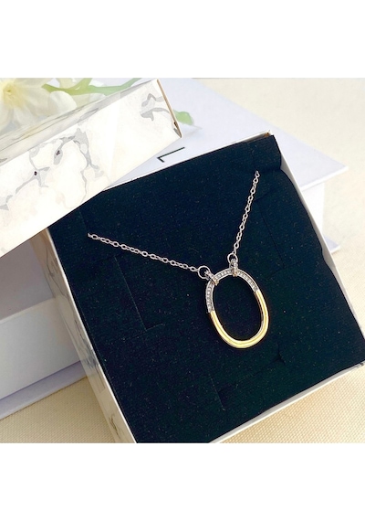 Halka Kolye Çift Renk Zirkon Taşlı Kadın Kolye 45cm Gold - Gümüş
