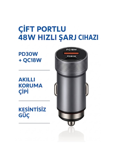 48w Hızlı Araç Şarj Cihazı - Çift Port Pd 30w Ve Qc 18w Usb Araç Şarjı -