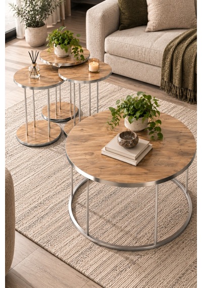 Sulorahome Ceviz Desenli Gümüş Metal Ayaklı 4'lü Sehpa Seti