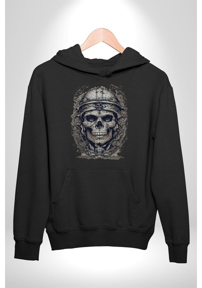 Kask Miğfer İskelet Asker Kadın Erkek Siyah Kapüşonlu Sweatshirt Hoodie Siyah