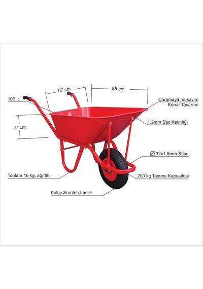 M3 Decorium En Büyük Sağlam Kolay Sürülen Kalın Şaseli Hafif Dengeli 100lt. 200kg. Taşır Profesyonel El Arabas