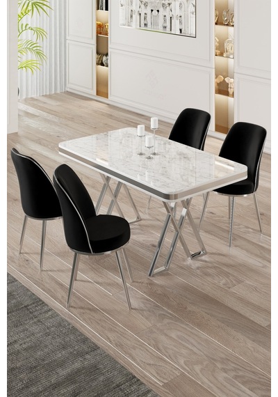Canisa Vals Serisi 80x130 Lak Panel Beyaz Mermer Desen Masa Takımı Krom Ayaklı 4 Siyah Sandalye Beyaz Mermer Desen Masa Sandalyeler Siyah Canisa Vals Serisi 80x130 Lak Panel Beyaz Mermer Desen Masa Takımı Krom Ayaklı 4 Siyah Sandalye Beyaz Mermer Desen Masa Sandalyeler Siyah