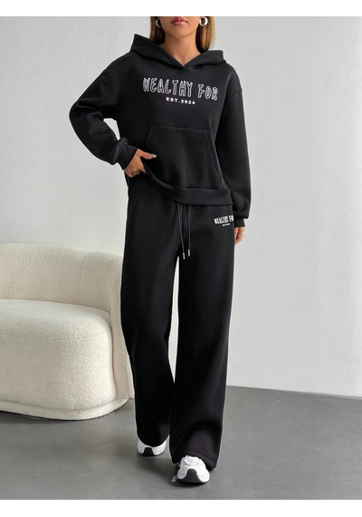 Macklin Unisex Kadın Erkek Healty For Baskılı Oversize 3 İplik Kapüşonlu Sweatshirt Ve Baggy Eşofman Altı Siyah