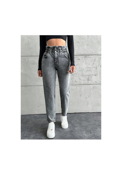 Kene Jeans Yüksek Bel Kar Siyah Çift Düğme Kemer Büzgülü Mom Jeans Kar Siyah