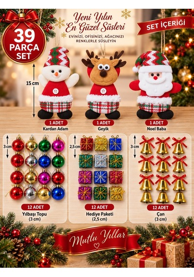39 Parça Yılbaşı Ağacı Süs Seti Noel Baba Kardan Adam Geyik Top Çan Hediye Paketi Dekorasyon Diğer