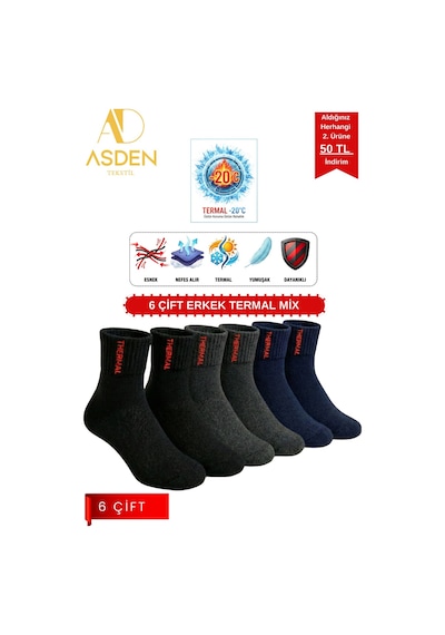 Asden 6 Çift Termal Erkek Çorap Ekstra Kalın Havlu Premium Pamuklu Burun Dikişsiz Kısa Konç Siyah Konçtermalmix6lı