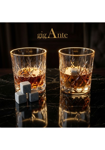 Gigante Deluxe Bohemia Kristal Viski Bardağı Seti, 320 Ml, 2 Bardak Ve 6 Mermer Viski Taşı, Kristal Kesim Desen, Hediye Kutusu Şeffaf