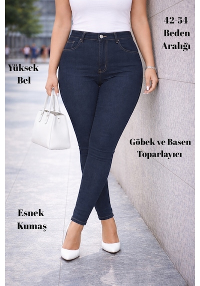 Cedy Denim Slim Fit Jean Büyük Beden Yüksek Bel Dar Kesim Esnek Kot Pantolon C597 Lacivert