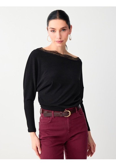Jimmy Key Siyah Kayık Yaka Uzun Kollu Dantel Detaylı Örme Bluz 6sw035531900