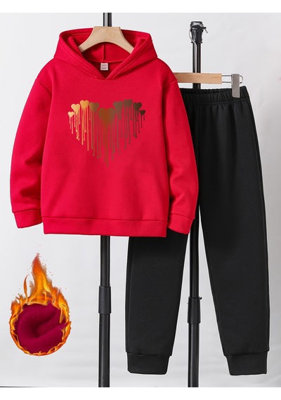 Uyguntarz Eriyen Kalpler Baskılı Oversize Çocuk Sweatshirt Eşofman Takım Kırmızı