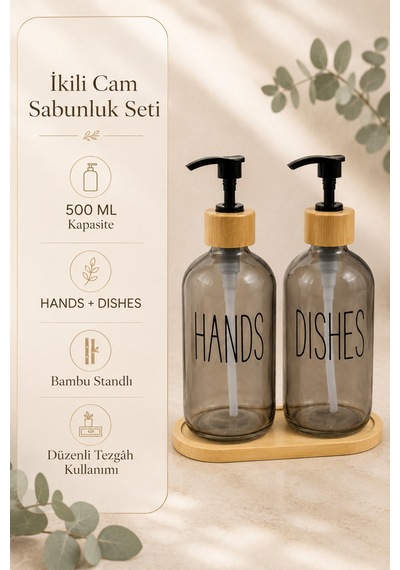 Relly Bambu Standlı İkili Cam Sabunluk Seti 2 X 500 Ml Hands & Dıshes Gri