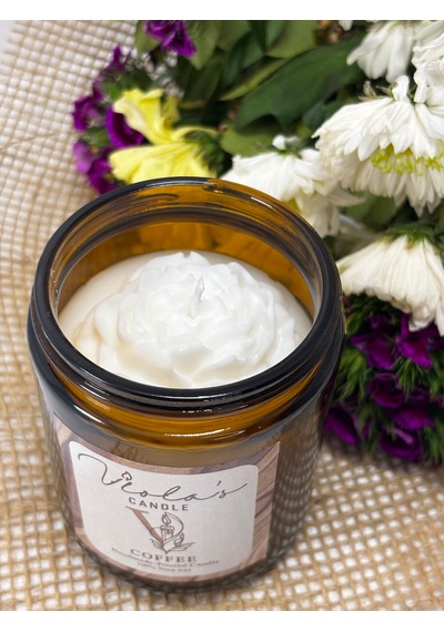 Violas Candle Amber Renk Cam Kavanoz Kahve Kokulu %100 Soya Wax Mum Beyaz
