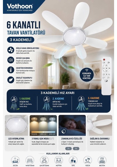 6 Kanatlı 3 Kademeli Led Aydınlatmalı Uzaktan Kumandalı Tavan Vantilatörü İtem0015ktavan1